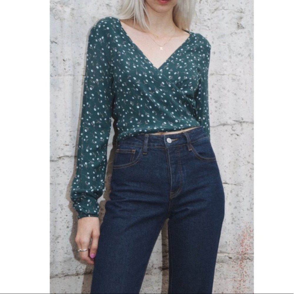 Brandy Melville Green Floral Coco Wrap Top